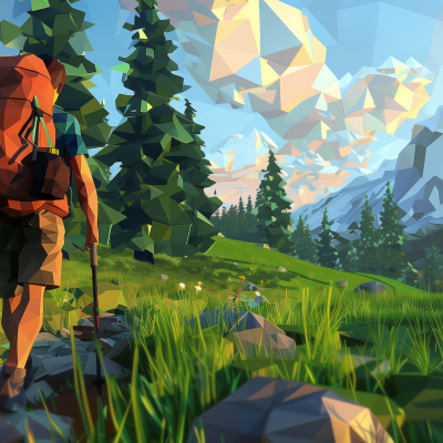 A hiker with a backpack trekking through a stylized, low-poly landscape with pine trees and mountains in the background.