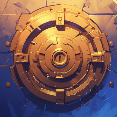 A stylized image of a large golden vault door embedded in a blue wall, possibly implying a secure location or a metaphor for safeguarded information.