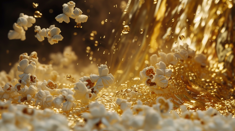 Popcorn kernels popping dramatically amidst cascading golden butter.