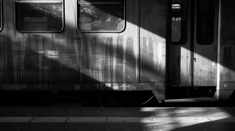 A black and white image of an old train carriage with scratches, illuminated by sunlight casting shadows on the platform.