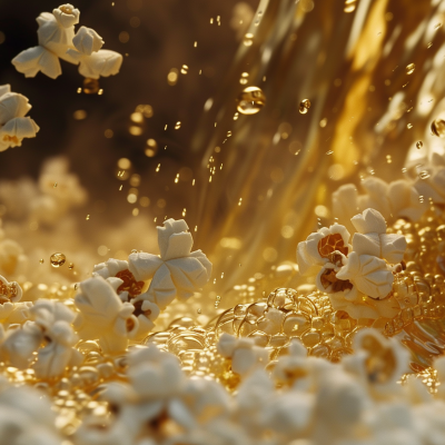 Popcorn kernels popping dramatically amidst cascading golden butter.