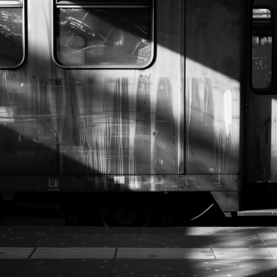 A black and white image of an old train carriage with scratches, illuminated by sunlight casting shadows on the platform.