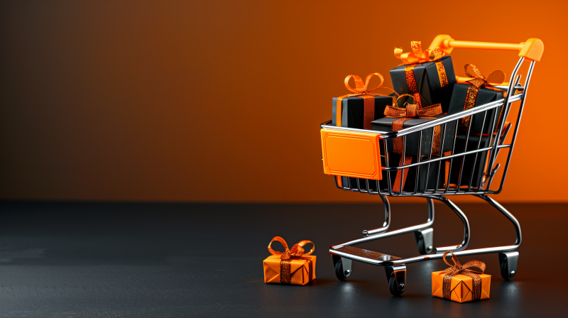 A shopping cart filled with gift boxes against an orange background, with one gift box placed on the floor beside the cart.