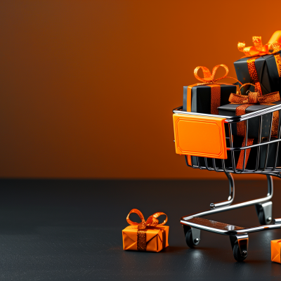 A shopping cart filled with gift boxes against an orange background, with one gift box placed on the floor beside the cart.