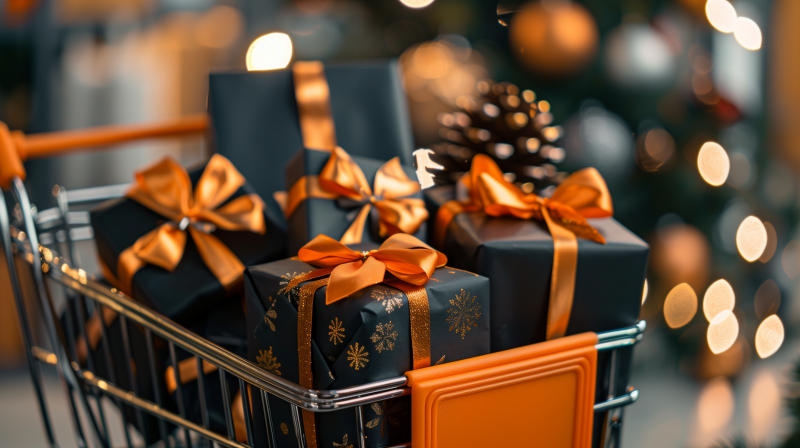 A shopping cart filled with elegantly wrapped gifts adorned with golden ribbons, suggesting a festive shopping spree for holiday presents.