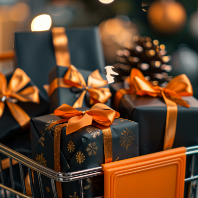 A shopping cart filled with elegantly wrapped gifts adorned with golden ribbons, suggesting a festive shopping spree for holiday presents.