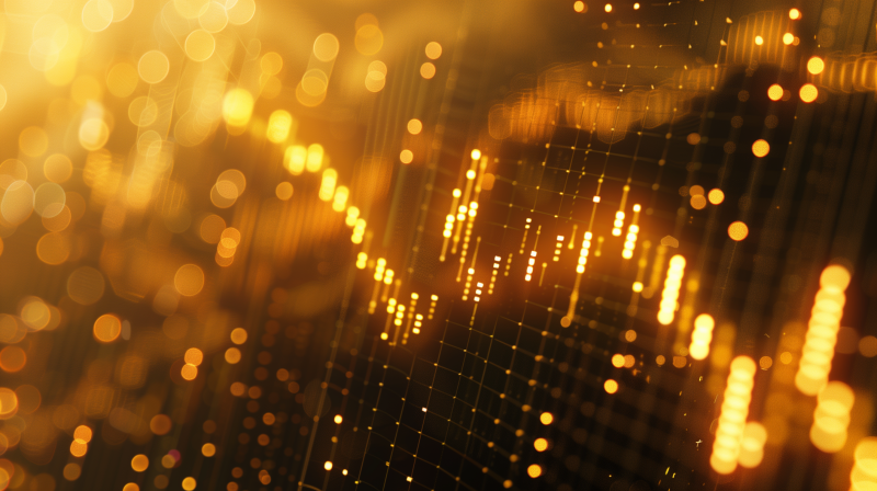 Abstract glowing golden chart with fluctuating data points creating a dynamic visual representation of financial or statistical changes.