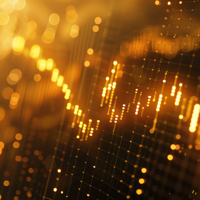 Abstract glowing golden chart with fluctuating data points creating a dynamic visual representation of financial or statistical changes.