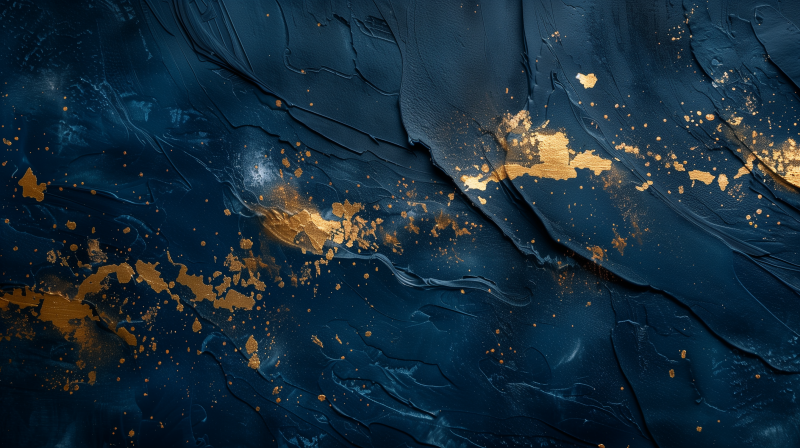 Abstract dark blue textured background with swirling patterns and touches of gold leaf.