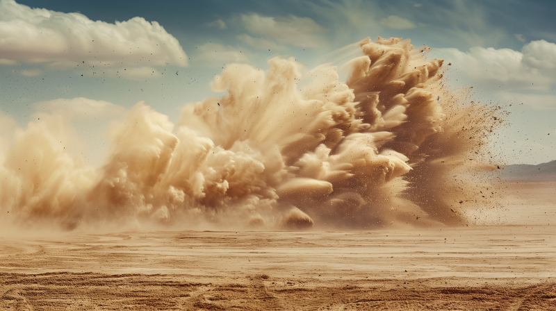 An immense sand explosion in the desert, with massive clouds of dust rising from the ground.