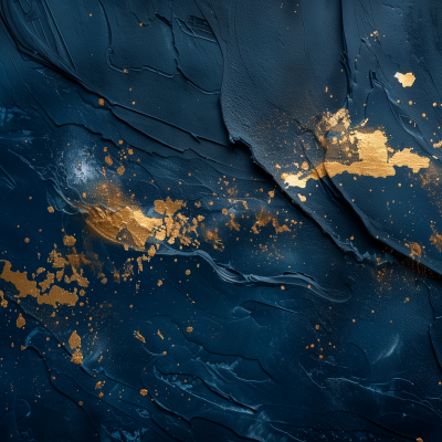 Abstract dark blue textured background with swirling patterns and touches of gold leaf.