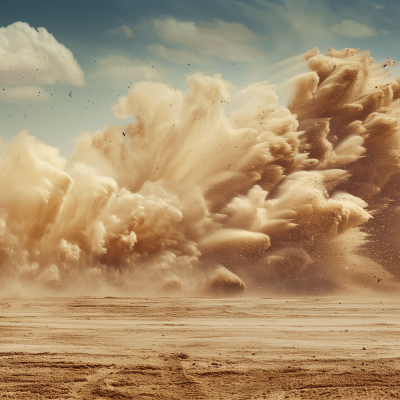 An immense sand explosion in the desert, with massive clouds of dust rising from the ground.