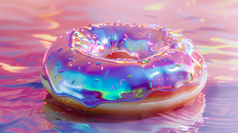 A colorful, iridescent glazed doughnut with sprinkles on a pinkish background.