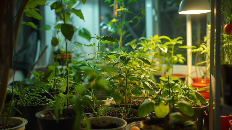 Indoor herb garden with a variety of potted plants basking under grow lights.