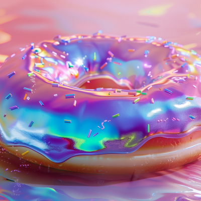 A colorful, iridescent glazed doughnut with sprinkles on a pinkish background.