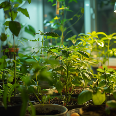 Indoor herb garden with a variety of potted plants basking under grow lights.