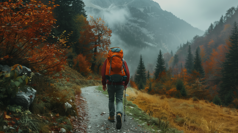 A hiker with an orange backpack walking on a trail through a misty, autumn-colored forest with a mountain in the background.