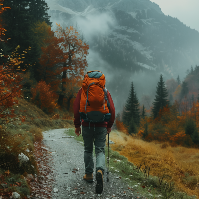 A hiker with an orange backpack walking on a trail through a misty, autumn-colored forest with a mountain in the background.