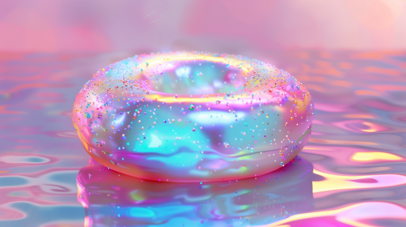 A colorful, iridescent doughnut with sprinkles on a reflective surface.