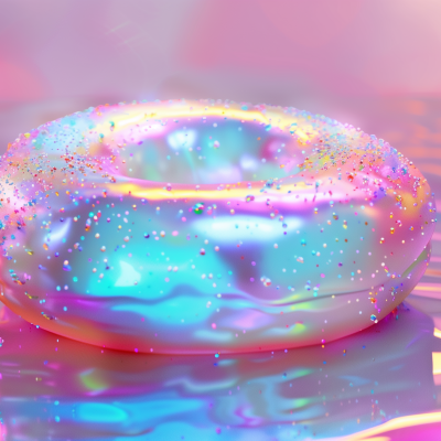 A colorful, iridescent doughnut with sprinkles on a reflective surface.