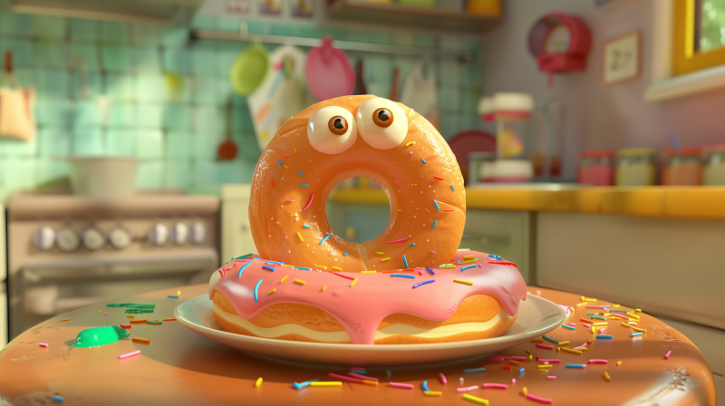 A humorous image of an animated doughnut with eyes and a surprised expression, topped with pink icing and colorful sprinkles, sitting on a plate in a brightly lit kitchen.