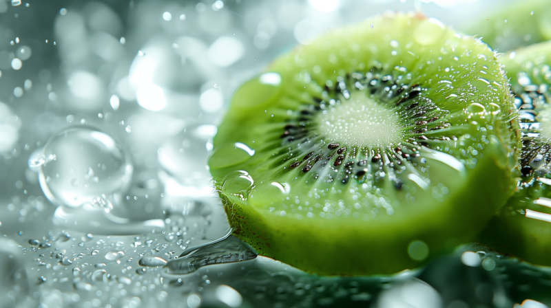 A close-up of a sliced kiwi fruit with water droplets on a reflective surface.