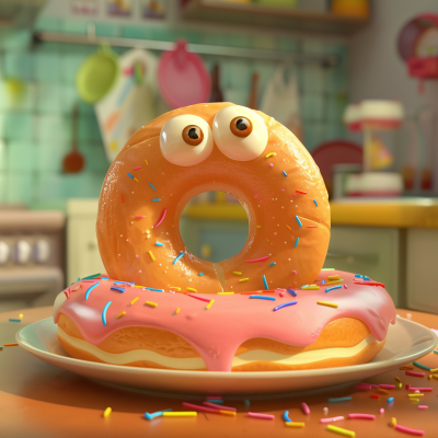 A humorous image of an animated doughnut with eyes and a surprised expression, topped with pink icing and colorful sprinkles, sitting on a plate in a brightly lit kitchen.