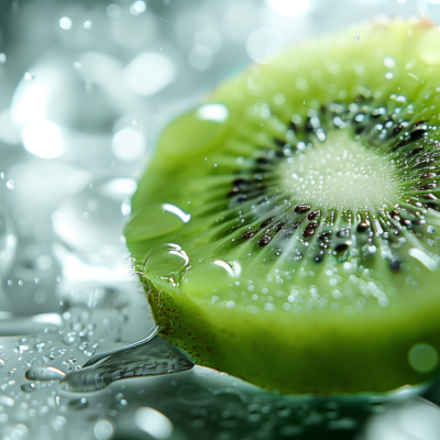 A close-up of a sliced kiwi fruit with water droplets on a reflective surface.