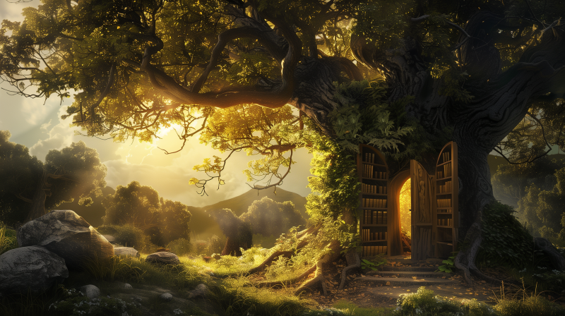 Fantasy-themed image of a majestic tree with a door, suggesting an entrance to a library, bathed in warm sunlight filtering through the leaves.