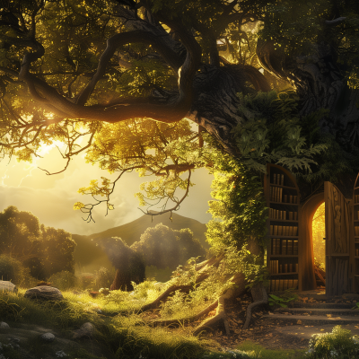 Fantasy-themed image of a majestic tree with a door, suggesting an entrance to a library, bathed in warm sunlight filtering through the leaves.