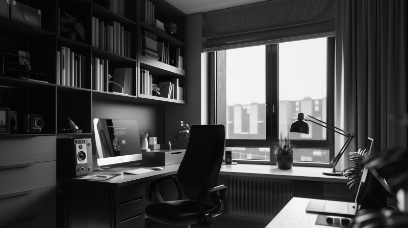 A monochrome image of a neatly organized home office with a desk, computer, ergonomic chair, bookshelves, and a window with a view of city buildings.