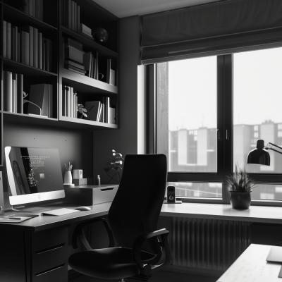 A monochrome image of a neatly organized home office with a desk, computer, ergonomic chair, bookshelves, and a window with a view of city buildings.