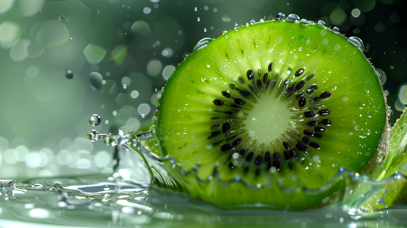 Close-up of a kiwi fruit slice with water droplets on its vibrant green flesh and black seeds, with a splash of water around it, set against a blurred background with light bokeh.