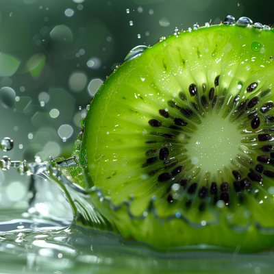 Close-up of a kiwi fruit slice with water droplets on its vibrant green flesh and black seeds, with a splash of water around it, set against a blurred background with light bokeh.