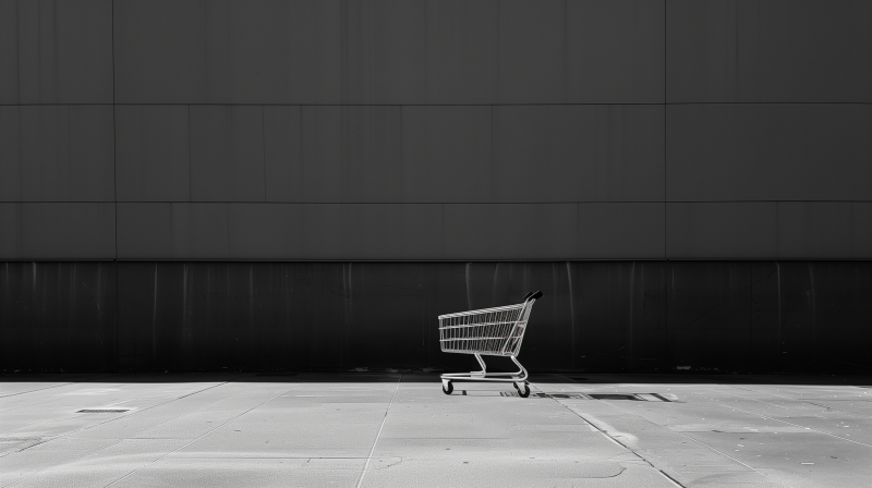 A monochrome image of an empty shopping cart isolated against a dark wall on a light sidewalk.