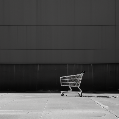 A monochrome image of an empty shopping cart isolated against a dark wall on a light sidewalk.