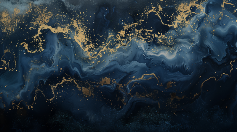 An abstract image featuring swirling shades of blue with golden accents, suggesting a luxurious marbled texture.