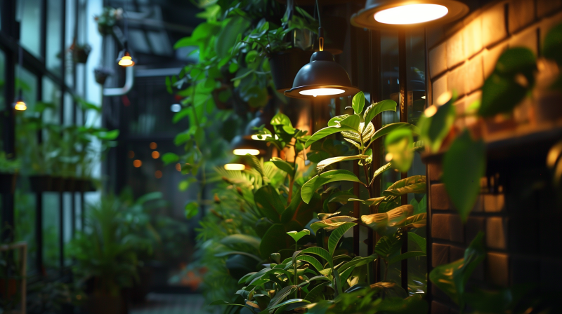 Lush green plants illuminated by overhead lights in a cozy garden setting.