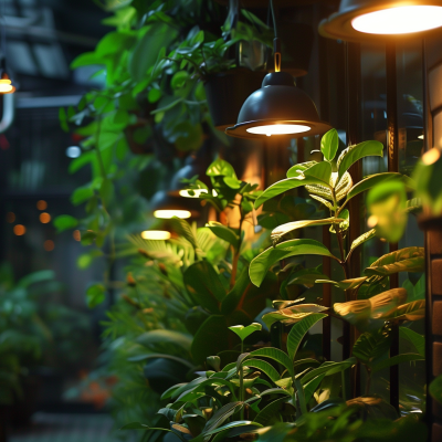 Lush green plants illuminated by overhead lights in a cozy garden setting.