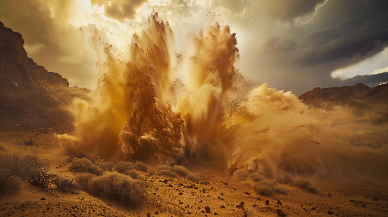 A massive explosion creating a large cloud of dust and sand in a desert environment.