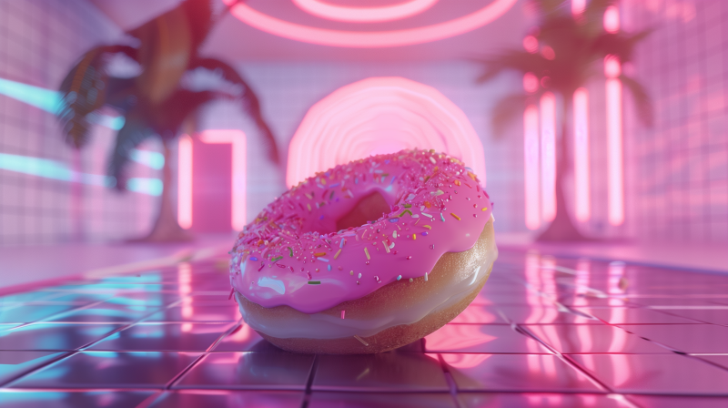 A glossy, pink-frosted doughnut with colorful sprinkles presented on a reflective surface with neon lighting in the background.