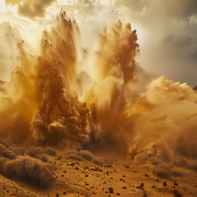 A massive explosion creating a large cloud of dust and sand in a desert environment.