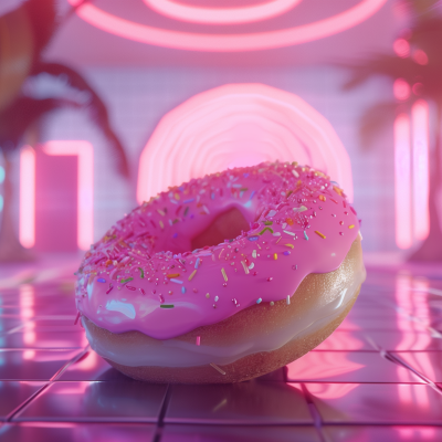 A glossy, pink-frosted doughnut with colorful sprinkles presented on a reflective surface with neon lighting in the background.