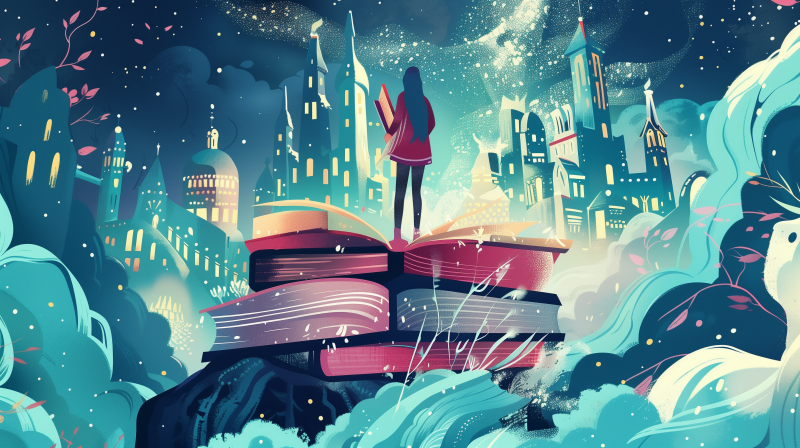 A person stands atop a stack of giant books amidst a whimsical, starry cityscape, evoking a sense of fantasy and the adventure of reading.