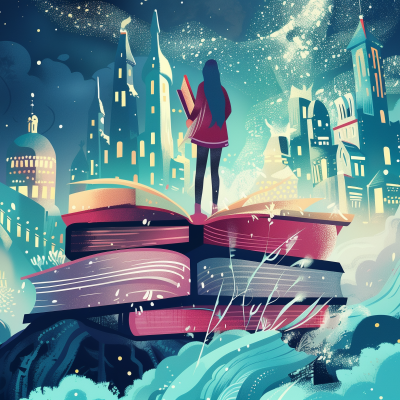 A person stands atop a stack of giant books amidst a whimsical, starry cityscape, evoking a sense of fantasy and the adventure of reading.