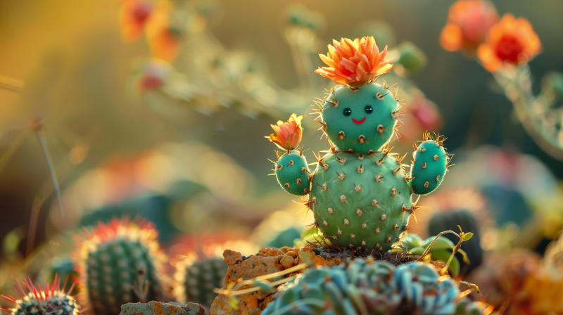 Cheerful cactus with a smiley face and blooming orange flowers on top in a sunny environment.