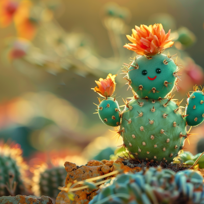 Cheerful cactus with a smiley face and blooming orange flowers on top in a sunny environment.