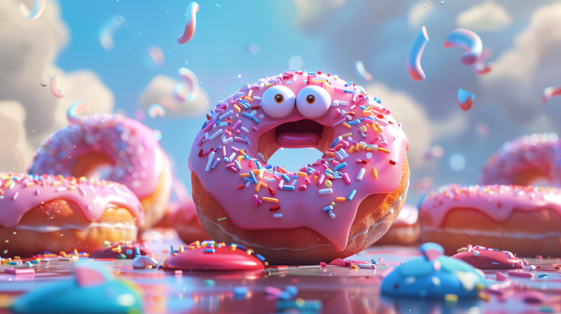 A humorous image of a pink frosted doughnut with colorful sprinkles, playfully designed with cartoon eyes and a mouth, giving it a surprised expression.