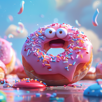 A humorous image of a pink frosted doughnut with colorful sprinkles, playfully designed with cartoon eyes and a mouth, giving it a surprised expression.