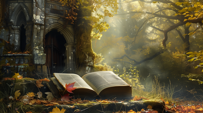 A mystical open book bathed in sunlight next to an ancient stone archway surrounded by autumn leaves and enchanted forest scenery.